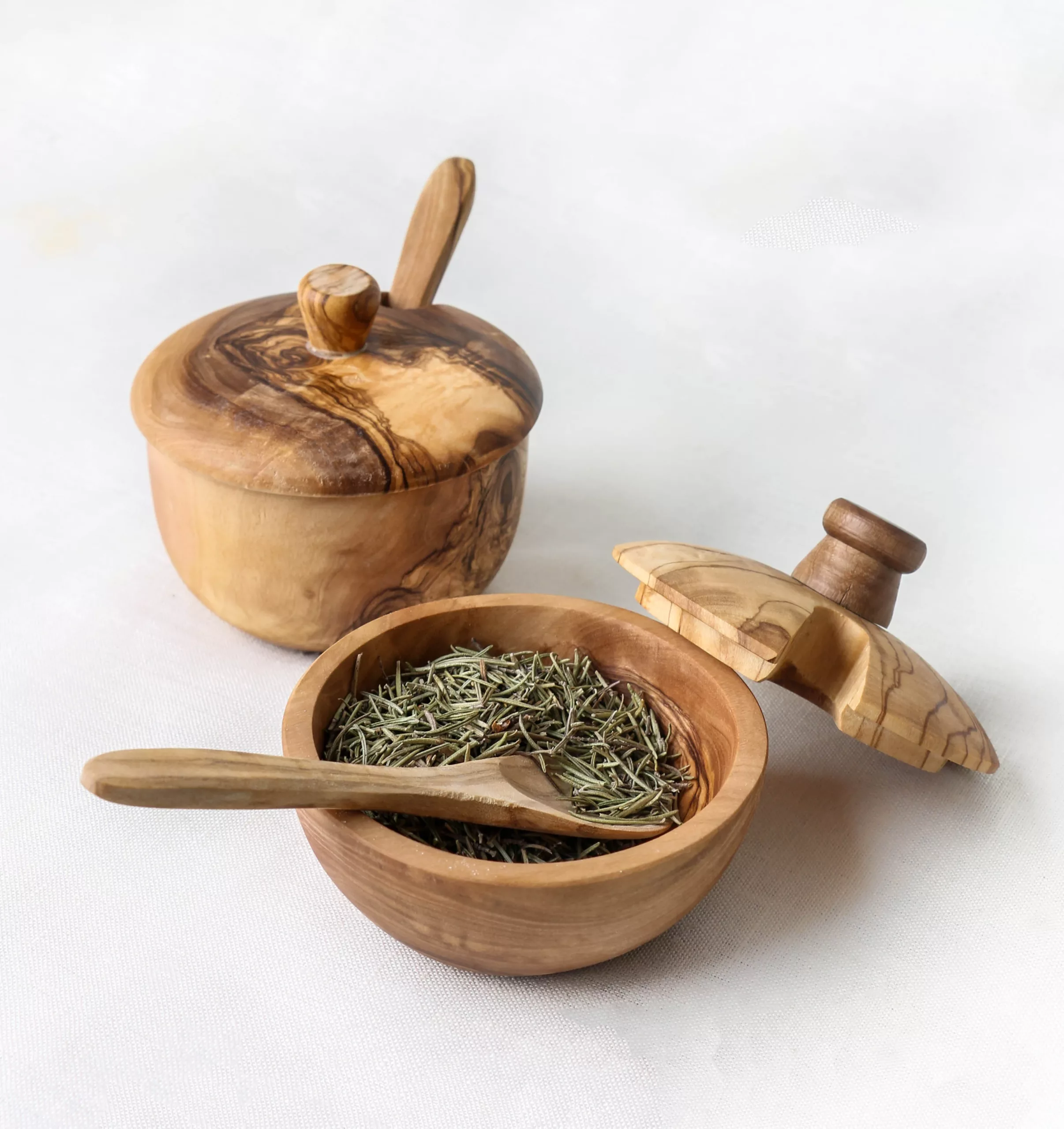 Boîte à épices ronde en bois d’olivier avec cuillère