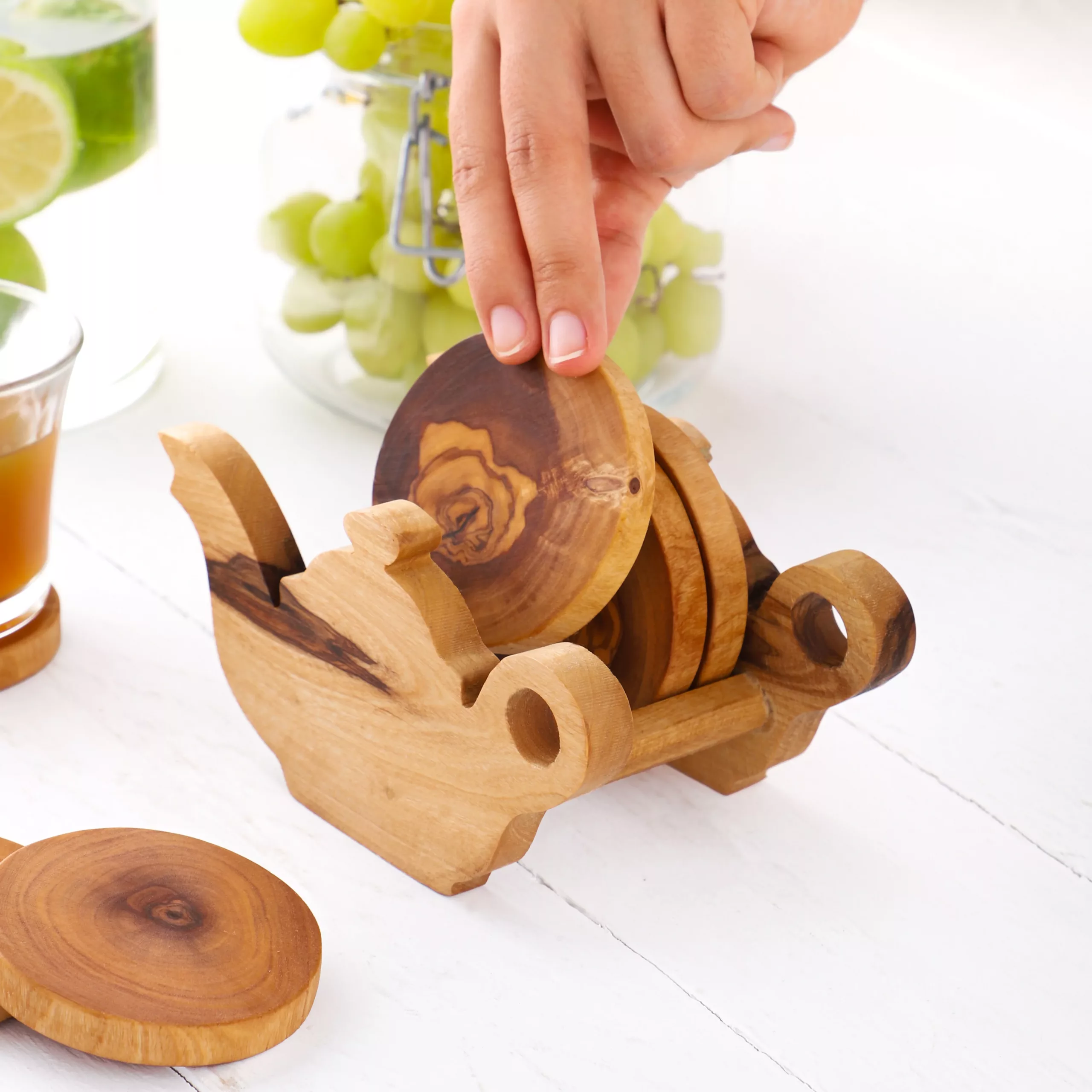 Ensemble de 6 dessous de verre ronds avec support sculpté